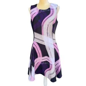 DKNY Sleeveless Fit & Flare Dress Size 10 Multicolor Purple / Beige/ Black /Pink